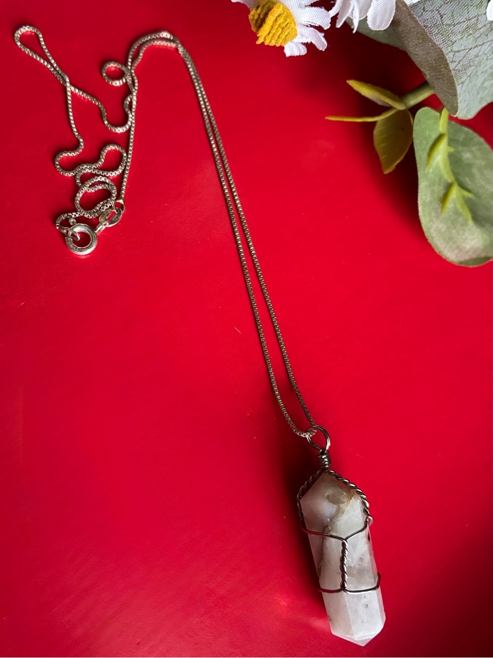 925 Silver Necklace,Sterling Wire-Wrapped White Crystal Pendant Necklace 17”